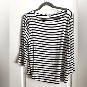 Jewel Neck, striped Tee with 3/4 Sleeves, Navy/white stripes. XL